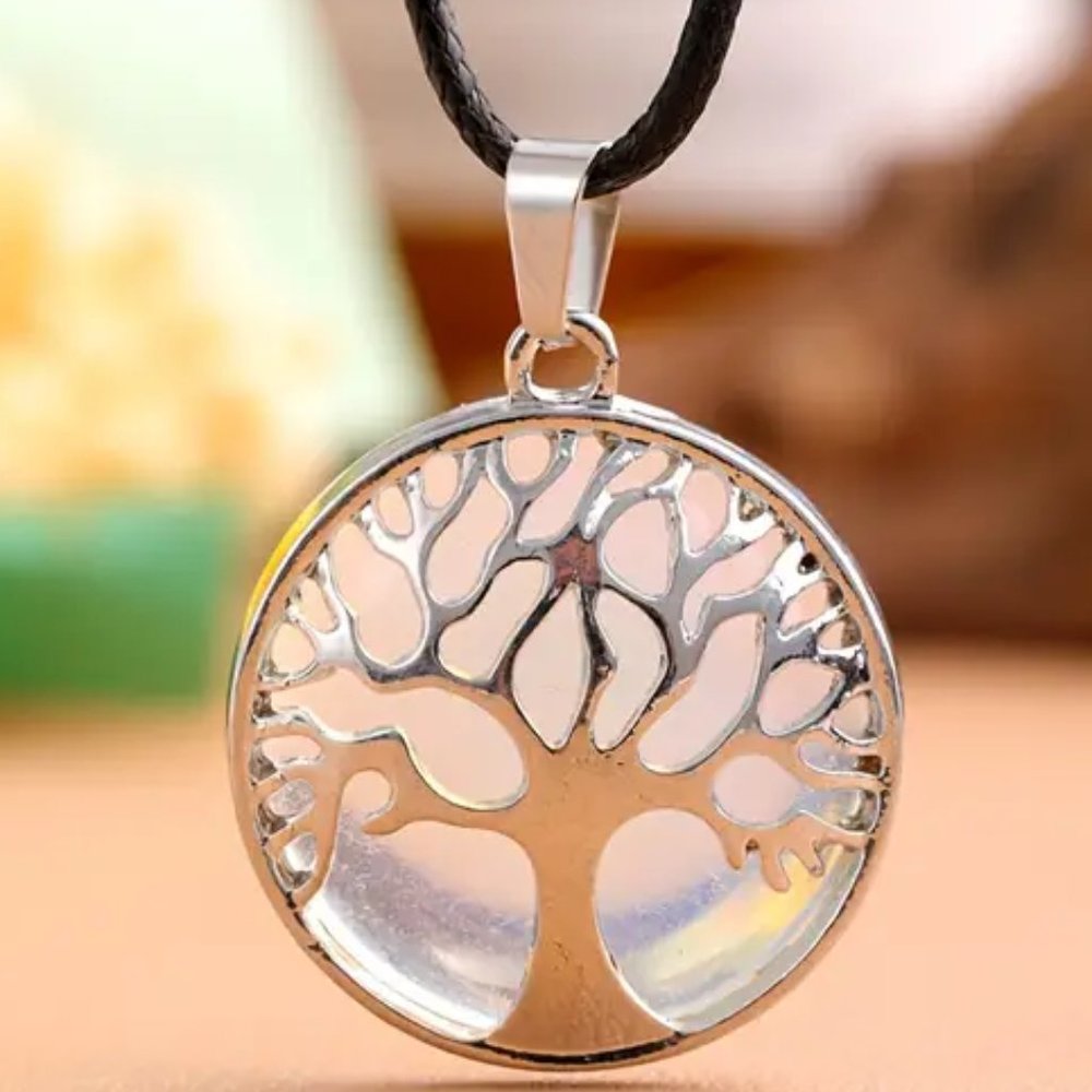 Tree Of Life Round Pendant Opal Glass Stone Pendant Necklace
